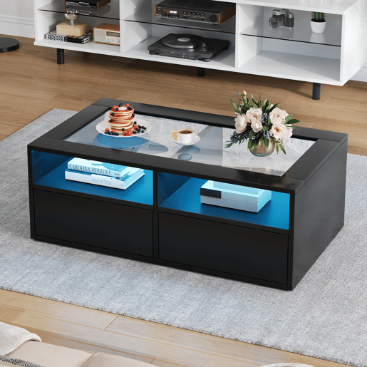 Mesa de centro retangular de painel de partículas com 2 gavetas e luz led,preto