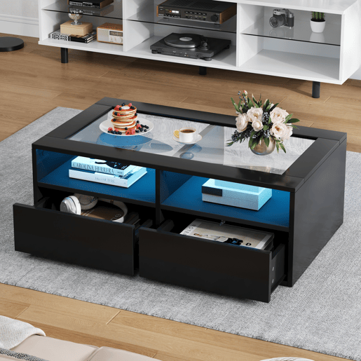 Mesa de centro retangular de painel de partículas com 2 gavetas e luz led,preto