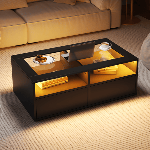 Mesa de centro retangular de painel de partículas com 2 gavetas e luz led,preto