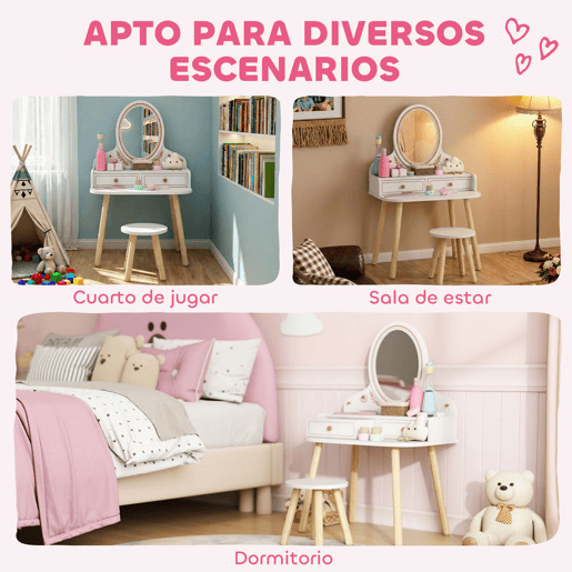 AIYAPLAY Toucador de Maquilhagem Infantil Toucador com Banqueta e Espelho 2 Gavetas e Barras para Pendurar para Crianças dos 3 aos 8 Anos Branco