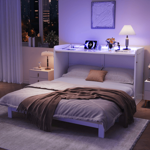 Cama rebatível 140x200 cm - Gavetas inferiores, USB e tomada, LED, Plataforma convertível, Sem colchão, Branco
