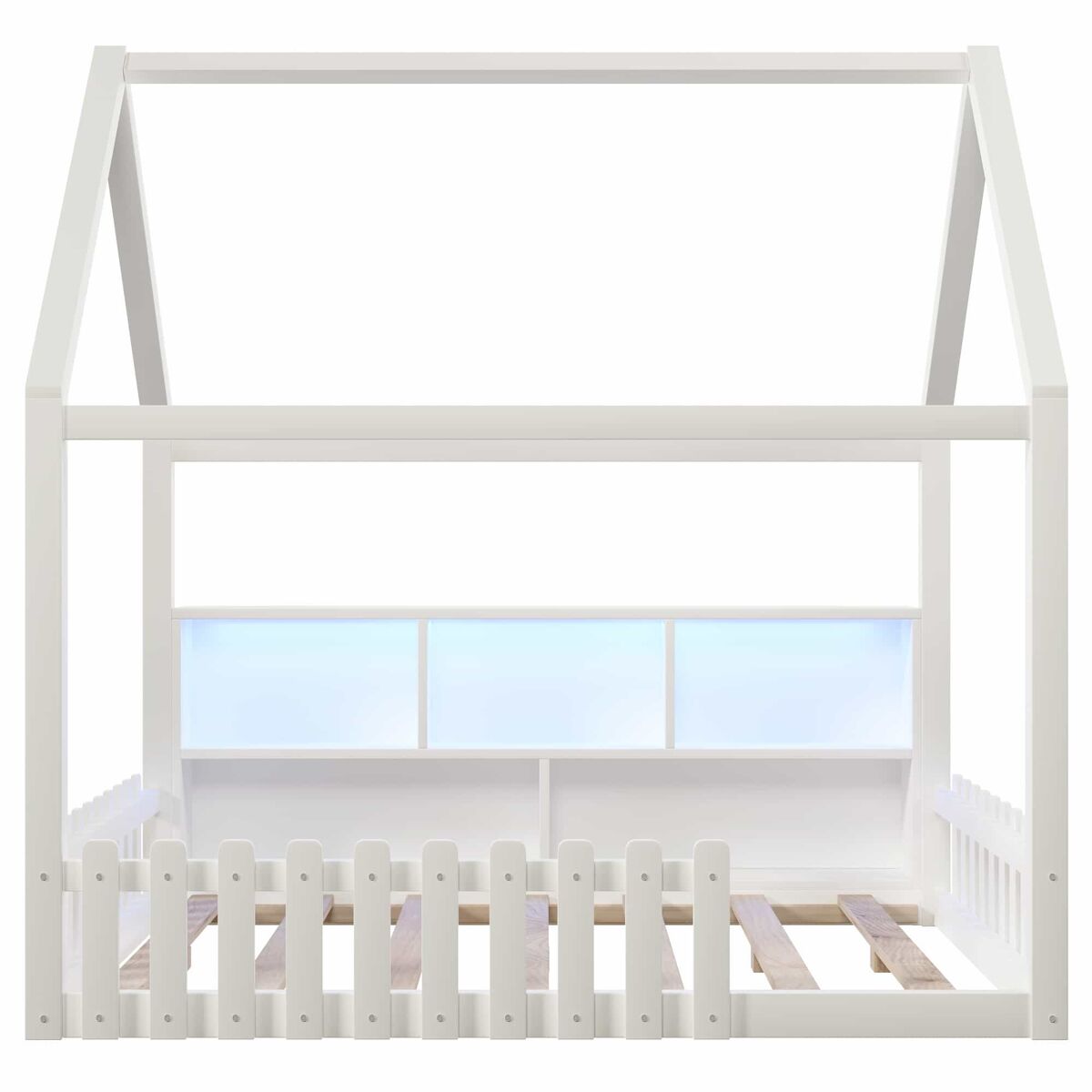 Cama infantil 140x190 cm - con barandilla, luces led, estantes abiertos, diseño casa, estilo minimalista - blanco