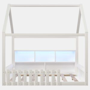 Cama infantil 140x190 cm - com grade de proteção, luzes LED, prateleiras abertas, design em forma de casa, estilo minimalista - branco
