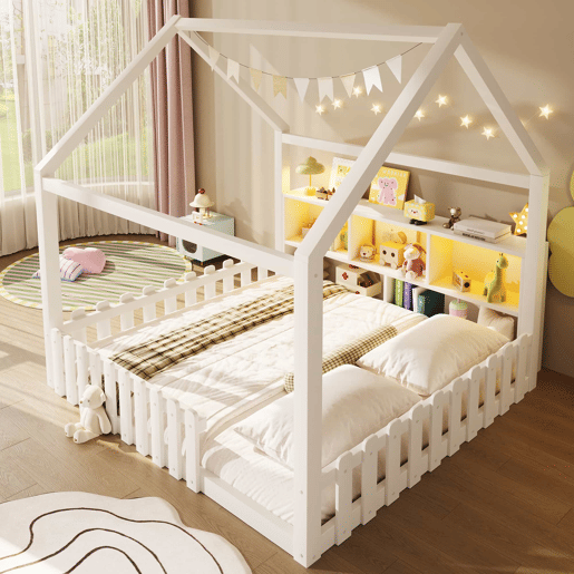 Cama infantil 140x190 cm - com grade de proteção, luzes LED, prateleiras abertas, design em forma de casa, estilo minimalista - branco