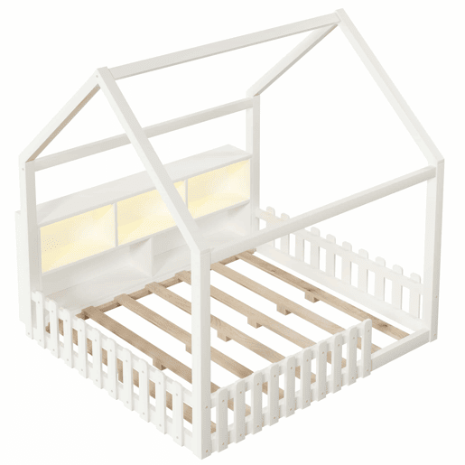 Cama infantil 140x190 cm - com grade de proteção, luzes LED, prateleiras abertas, design em forma de casa, estilo minimalista - branco