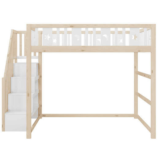 Cama alta para crianças 140x200 - Escada, madeira maciça, grade de segurança, decoração com estrelas e lua - Natural+Branco