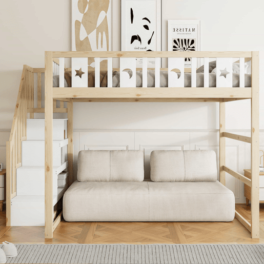 Cama alta para crianças 140x200 - Escada, madeira maciça, grade de segurança, decoração com estrelas e lua - Natural+Branco