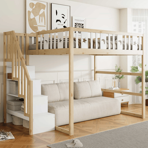 Cama alta para crianças 140x200 - Escada, madeira maciça, grade de segurança, decoração com estrelas e lua - Natural+Branco
