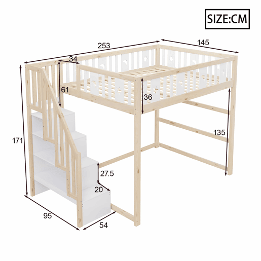 Cama alta para crianças 140x200 - Escada, madeira maciça, grade de segurança, decoração com estrelas e lua - Natural+Branco