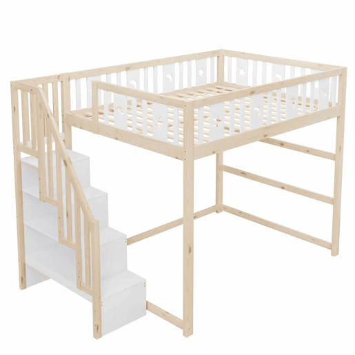 Cama alta para crianças 140x200 - Escada, madeira maciça, grade de segurança, decoração com estrelas e lua - Natural+Branco