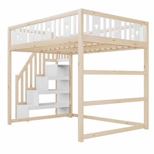 Cama alta para crianças 140x200 - Escada, madeira maciça, grade de segurança, decoração com estrelas e lua - Natural+Branco