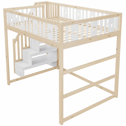 Cama alta para crianças 140x200 - Escada, madeira maciça, grade de segurança, decoração com estrelas e lua - Natural+Branco