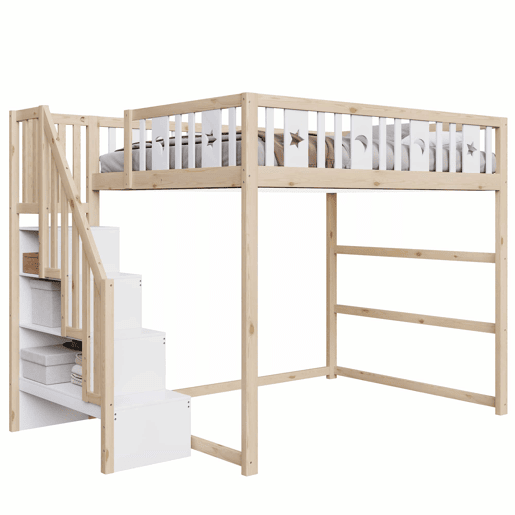 Cama alta para crianças 140x200 - Escada, madeira maciça, grade de segurança, decoração com estrelas e lua - Natural+Branco