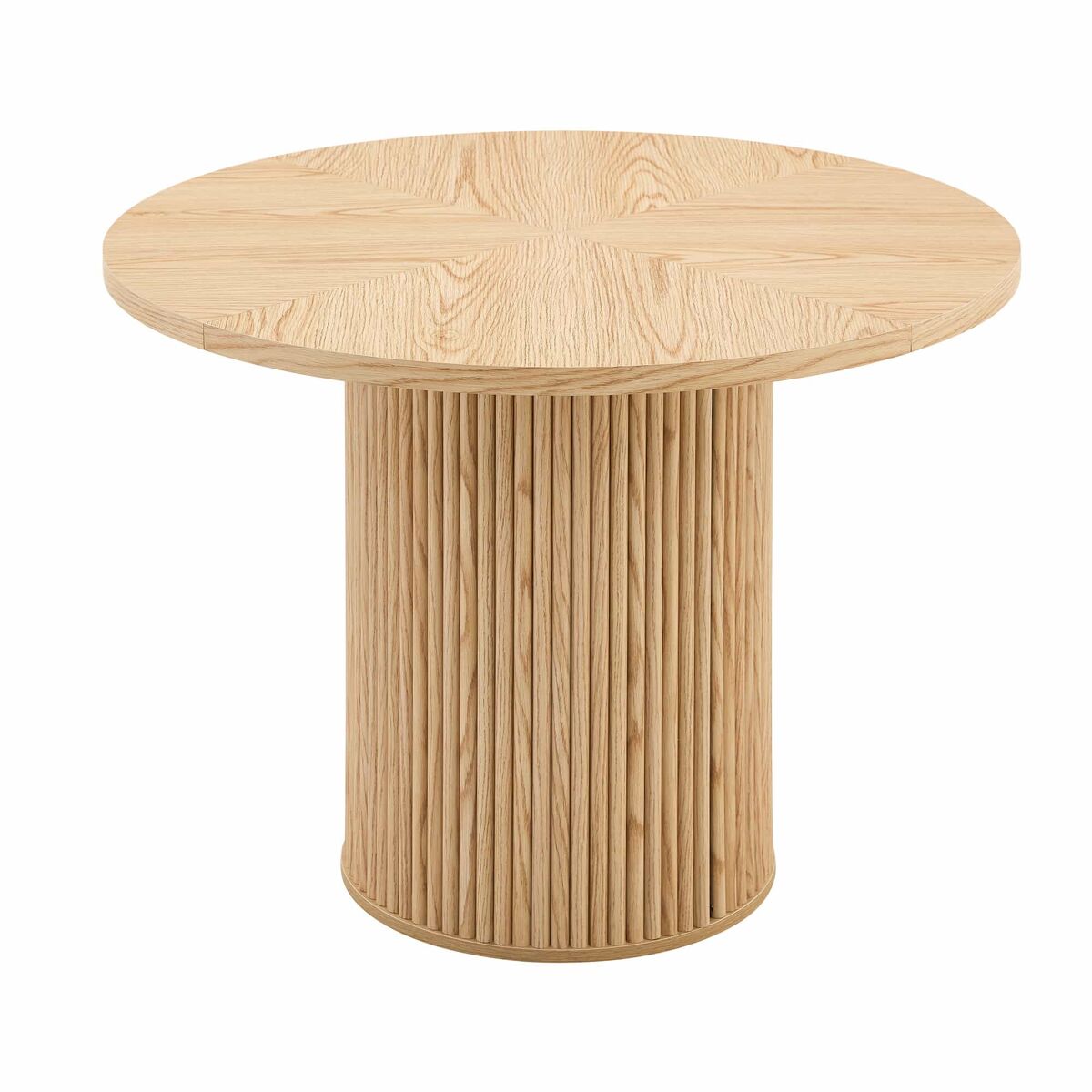 mesa de comedor redonda 100 cm - 4 segmentos en acabado madera clara patas cilindricas con almacenamiento barra metalica y cierre de velcro - color madera natural