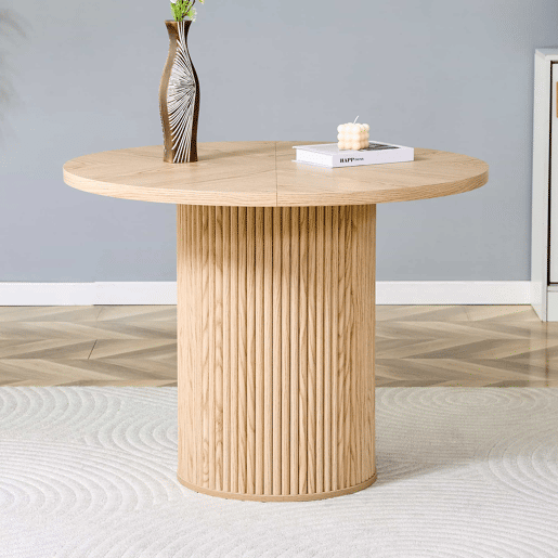 Mesa de jantar redonda 100 cm - 4 segmentos com acabamento em madeira clara, pernas cilíndricas com arrumação, barra metálica e fecho de velcro - cor madeira natural Mesa de jantar redonda 100 cm - 4 segmentos com acabamento em madeira clara, pernas cilíndricas com arrumação, barra metálica e fecho de velcro - cor madeira natural