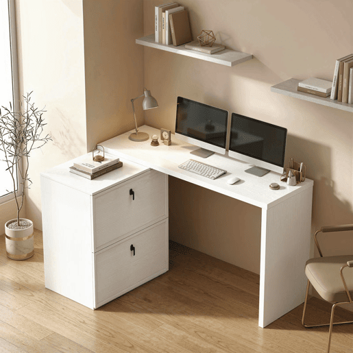 HOMCOM Secretária Reversível em Forma de L, Secretária de Canto com 2 Gavetas Arquivadoras A4, Design Moderno para Espaços Pequenos, Escritório em Casa, Branco