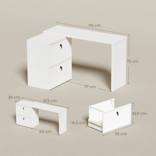 HOMCOM Secretária Reversível em Forma de L, Secretária de Canto com 2 Gavetas Arquivadoras A4, Design Moderno para Espaços Pequenos, Escritório em Casa, Branco