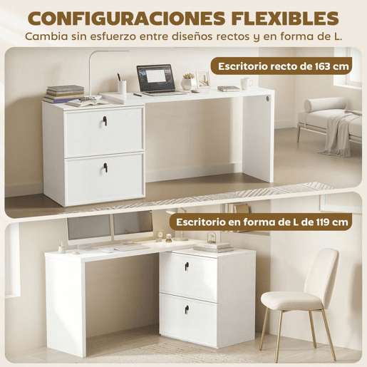 HOMCOM Secretária Reversível em Forma de L, Secretária de Canto com 2 Gavetas Arquivadoras A4, Design Moderno para Espaços Pequenos, Escritório em Casa, Branco