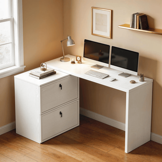 HOMCOM Secretária Reversível em Forma de L, Secretária de Canto com 2 Gavetas Arquivadoras A4, Design Moderno para Espaços Pequenos, Escritório em Casa, Branco