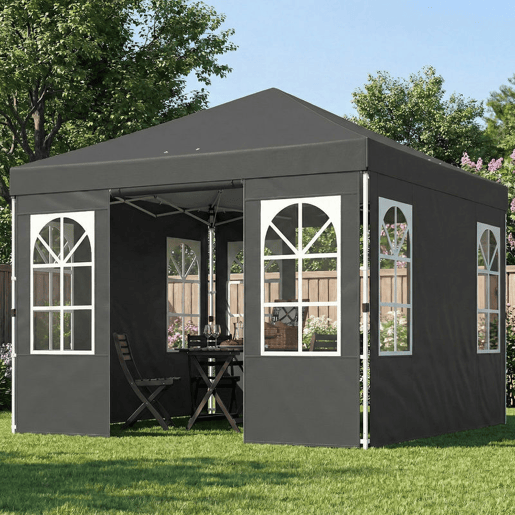 Outsunny Tenda Dobrável 3x3 m Pop-up com 4 Laterais Removíveis, UPF50+, Bloqueio Central, Altura Ajustável, Bolsa de Transporte e Sacos de Areia - Cinzento Escuro