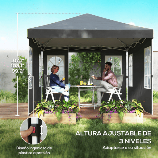 Outsunny Tenda Dobrável 3x3 m Pop-up com 4 Laterais Removíveis, UPF50+, Bloqueio Central, Altura Ajustável, Bolsa de Transporte e Sacos de Areia - Cinzento Escuro