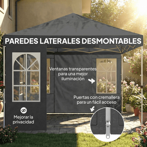 Outsunny Tenda Dobrável 3x3 m Pop-up com 4 Laterais Removíveis, UPF50+, Bloqueio Central, Altura Ajustável, Bolsa de Transporte e Sacos de Areia - Cinzento Escuro