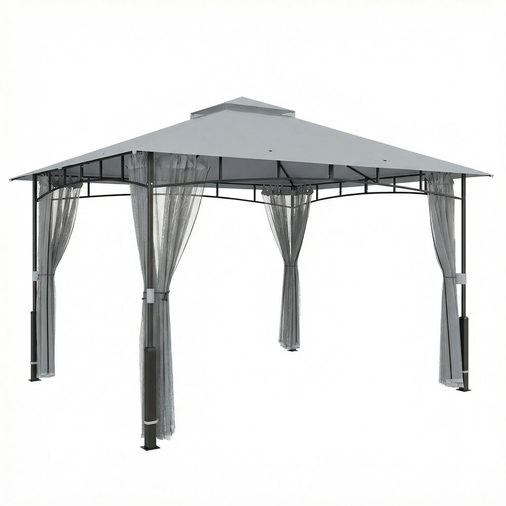 Outsunny cenador para jardín 3x3,6 m, pabellón de jardín gazebo con doble techo, paredes de malla, upf50+, estructura de metal, carpa para exterior, terraza, patio, gris