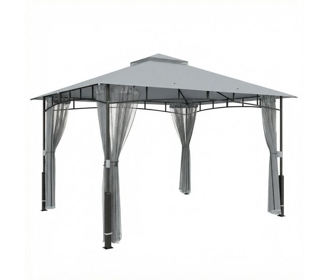 Outsunny cenador para jardín 3x3,6 m, pabellón de jardín gazebo con doble techo, paredes de malla, upf50+, estructura de metal, carpa para exterior, terraza, patio, gris