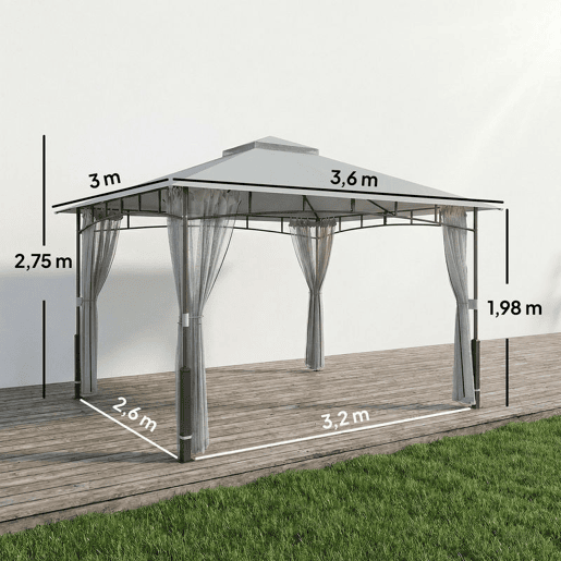 Outsunny Gazebo para Jardim 3x3,6 m, Pérgola de Jardim com Telhado Duplo, Paredes de Rede, UPF50+, Estrutura Metálica, Carpa para Exterior, Terraço, Pátio, Cinzento