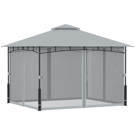 Outsunny Gazebo para Jardim 3x3,6 m, Pérgola de Jardim com Telhado Duplo, Paredes de Rede, UPF50+, Estrutura Metálica, Carpa para Exterior, Terraço, Pátio, Cinzento