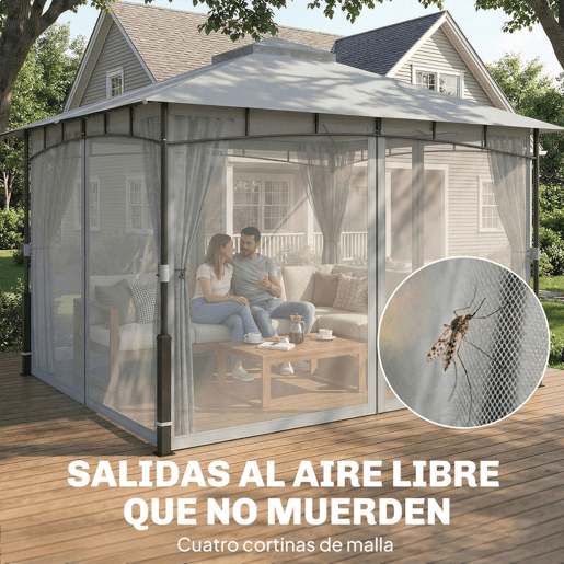 Outsunny Gazebo para Jardim 3x3,6 m, Pérgola de Jardim com Telhado Duplo, Paredes de Rede, UPF50+, Estrutura Metálica, Carpa para Exterior, Terraço, Pátio, Cinzento
