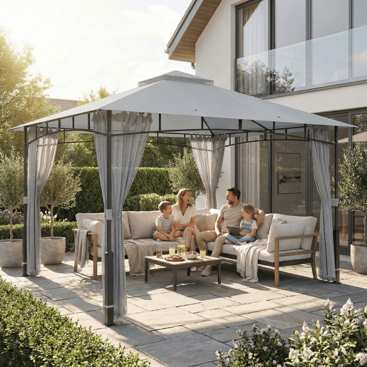 Outsunny Gazebo para Jardim 3x3,6 m, Pérgola de Jardim com Telhado Duplo, Paredes de Rede, UPF50+, Estrutura Metálica, Carpa para Exterior, Terraço, Pátio, Cinzento