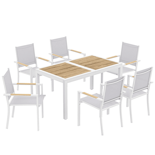 Outsunny Conjunto de Mesa e Cadeiras de Jardim de 7 Peças Móveis de Jardim para Exterior com Mesa de Plástico PSPC 6 Cadeiras Empilháveis Respiráveis Estrutura de Aço Resistente às Intempéries Branco