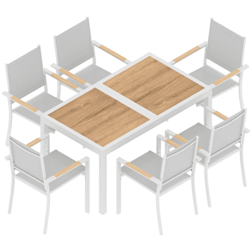 Outsunny Conjunto de Mesa e Cadeiras de Jardim de 7 Peças Móveis de Jardim para Exterior com Mesa de Plástico PSPC 6 Cadeiras Empilháveis Respiráveis Estrutura de Aço Resistente às Intempéries Branco