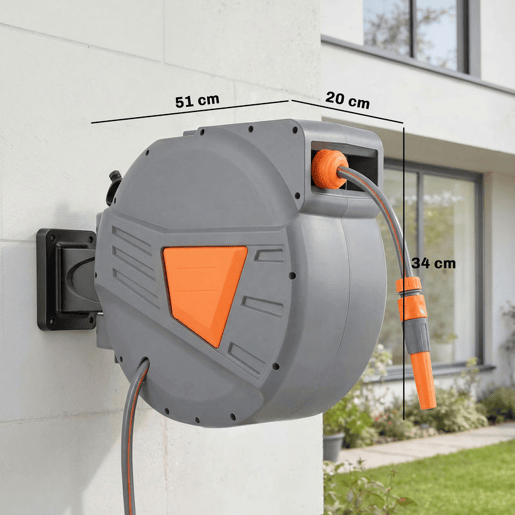 Outsunny Carretel de Mangueira para Jardim 20+1,6u202Fm com Bocal de 2 Modos Carretel de Mangueira de Parede com Bloqueio Automático e Retracção Controlada Suporte Orientável 180° Laranja