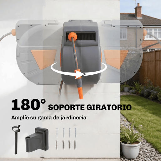 Outsunny Carretel de Mangueira para Jardim 20+1,6u202Fm com Bocal de 2 Modos Carretel de Mangueira de Parede com Bloqueio Automático e Retracção Controlada Suporte Orientável 180° Laranja