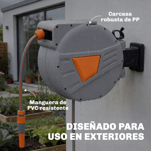 Outsunny Carretel de Mangueira para Jardim 20+1,6u202Fm com Bocal de 2 Modos Carretel de Mangueira de Parede com Bloqueio Automático e Retracção Controlada Suporte Orientável 180° Laranja
