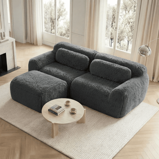 Sofá modular L 2 lugares - veludo macio, almofadas, espuma elástica, sem montagem - cinza