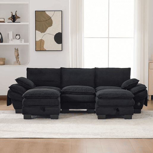 Sofá modular de 3 lugares - assento largo, design ergonómico, espuma de alta densidade, porta USB-C e bolsos laterais - preto