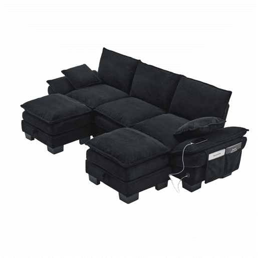 Sofá modular de 3 lugares - assento largo, design ergonómico, espuma de alta densidade, porta USB-C e bolsos laterais - preto