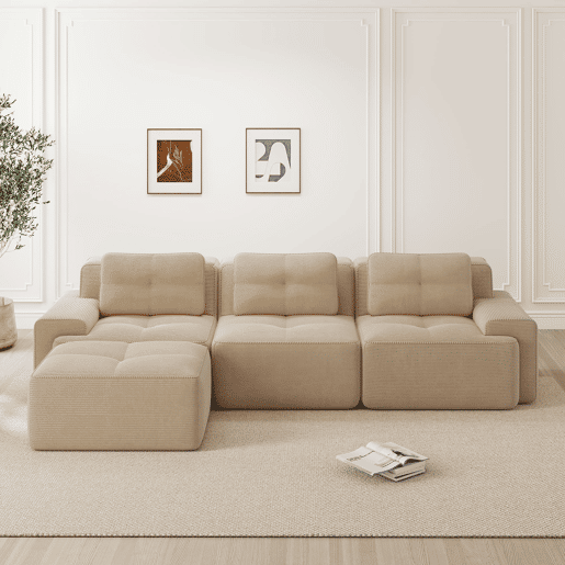 Sofá modular L 3 lugares - Boneless, com otomano, veludo cotelê, fácil montagem - Bege