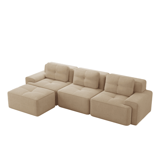 Sofá modular L 3 lugares - Boneless, com otomano, veludo cotelê, fácil montagem - Bege