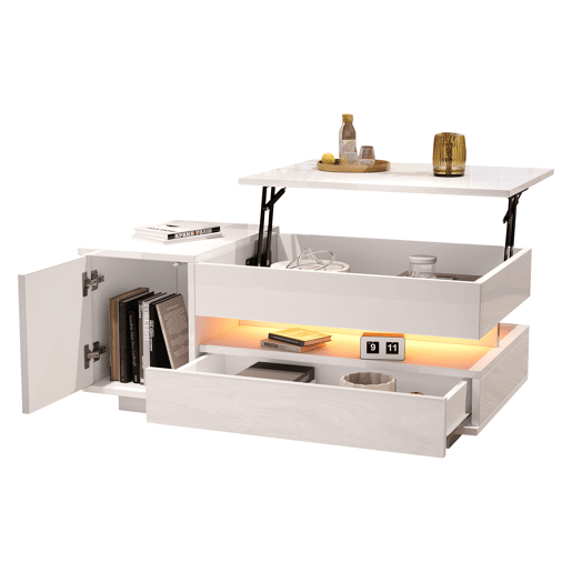 Mesa de centro elevável retangular de painel de partículas com luz led,branco Mesa de centro elevável retangular de painel de partículas com luz led,branco