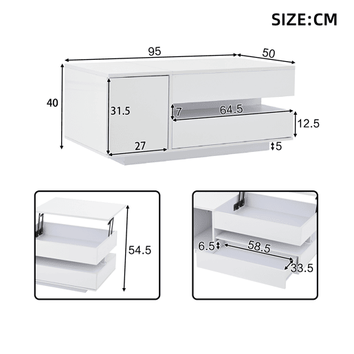 Mesa de centro elevável retangular de painel de partículas com luz led,branco Mesa de centro elevável retangular de painel de partículas com luz led,branco
