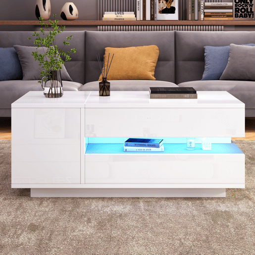 Mesa de centro elevável retangular de painel de partículas com luz led,branco Mesa de centro elevável retangular de painel de partículas com luz led,branco