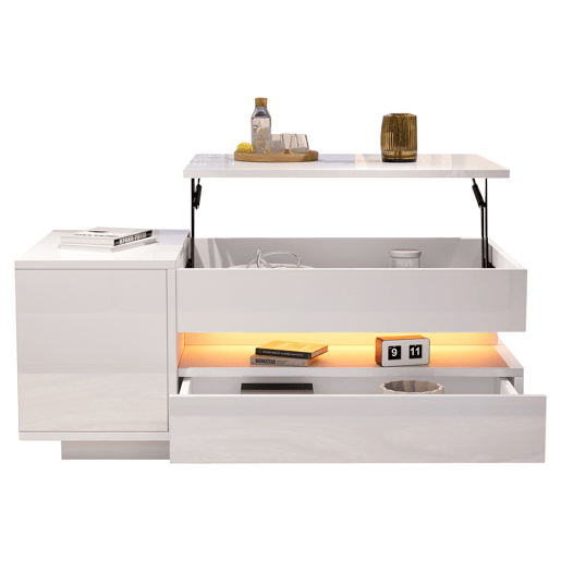 Mesa de centro elevável retangular de painel de partículas com luz led,branco Mesa de centro elevável retangular de painel de partículas com luz led,branco
