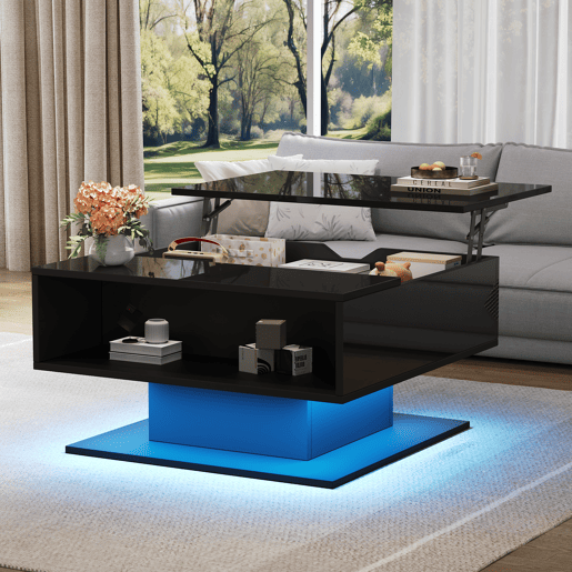 Mesa de centro elevável retangular de painel de partículas com luz led,preto