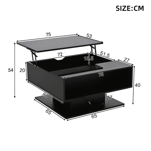 Mesa de centro elevável retangular de painel de partículas com luz led,preto