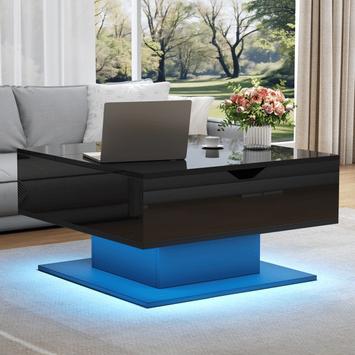 Mesa de centro elevável retangular de painel de partículas com luz led,preto