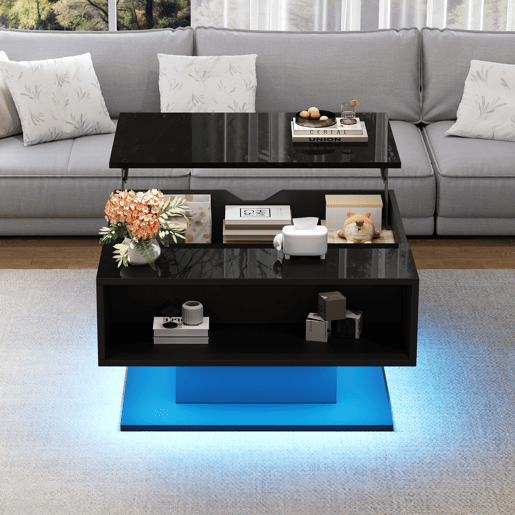 Mesa de centro elevável retangular de painel de partículas com luz led,preto